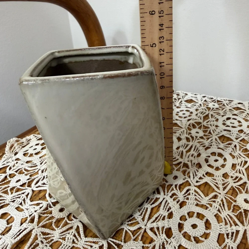 Modern Asymmetric Ceramic Vase Ivory Bronze Drip Glaze Geometric Wedge Decor